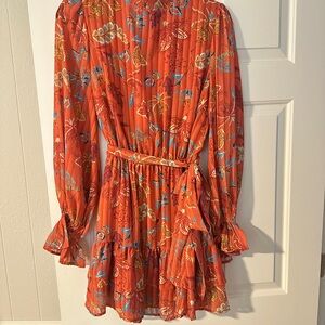 Vibrant Orange Floral Long Sleeve Dress